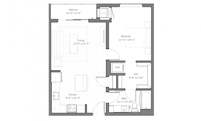Rice B - Alt - 1 bedroom floor plan layout with 1 bathroom and 685 square feet