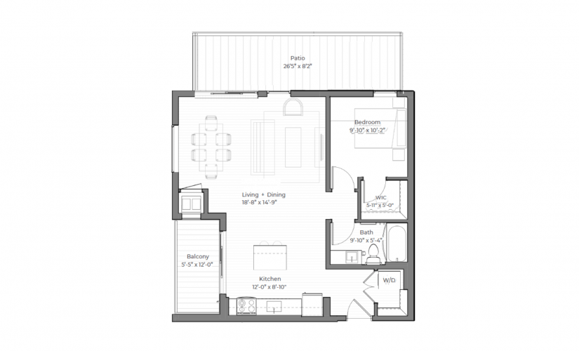 Rice H lvl 2 - 1 bedroom floor plan layout with 1 bathroom and 730 square feet
