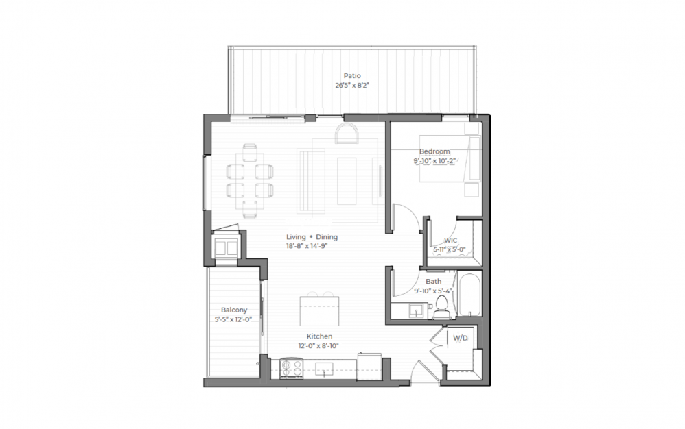 Rice H lvl 2 - 1 bedroom floor plan layout with 1 bathroom and 730 square feet