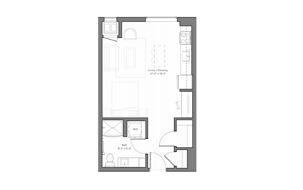 Como B - alt - Studio floorplan layout with 1 bath and 469 square feet.