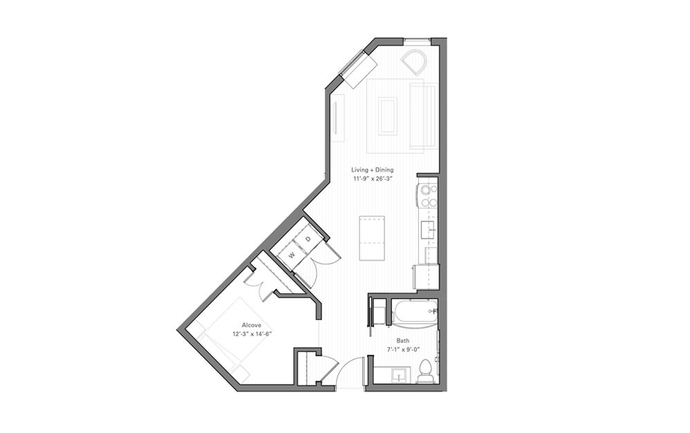 Irvine A - Studio floorplan layout with 1 bath and 604 square feet.