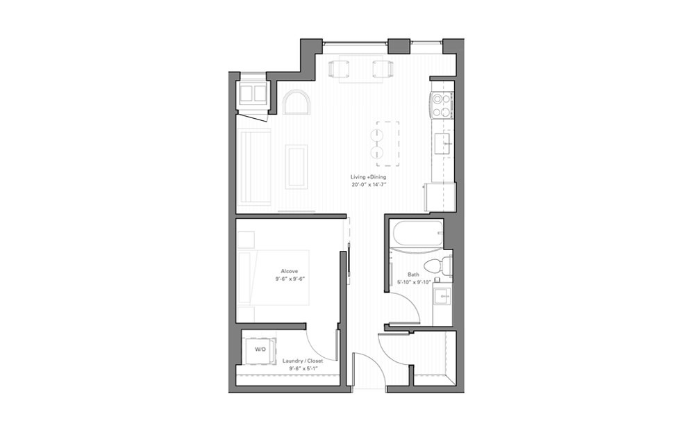 Irvine B lvl 2 - Studio floorplan layout with 1 bath and 586 square feet.