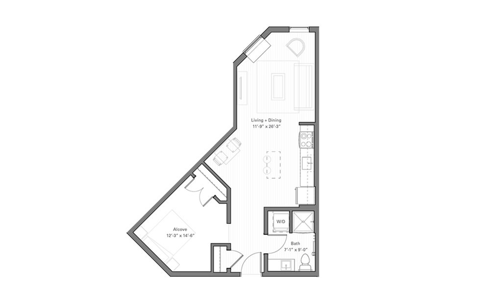 Irvine D - Studio floorplan layout with 1 bath and 604 square feet.