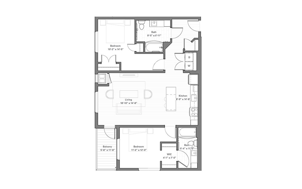 Lilidale A - 2 bedroom floorplan layout with 2 baths and 1076 square feet.