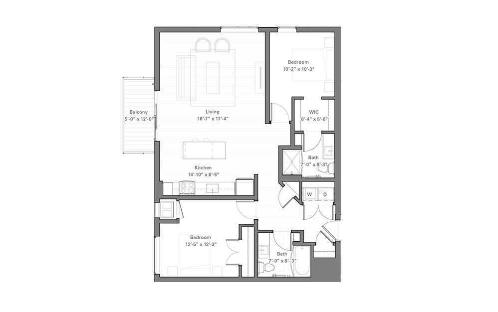 Lilidale B - 2 bedroom floorplan layout with 2 baths and 1065 square feet.