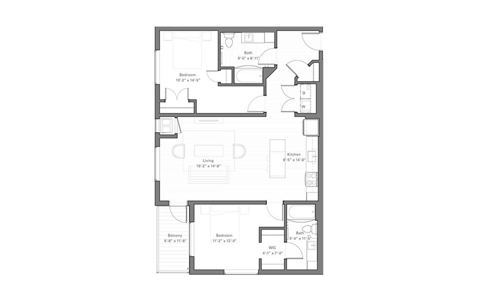Lilidale E Alt - 2 bedroom floorplan layout with 2 baths and 1077 square feet.