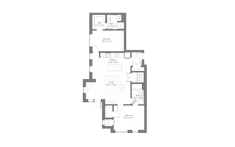 Lilidale Fw - Walkup - 2 bedroom floorplan layout with 2 baths and 1119 square feet.