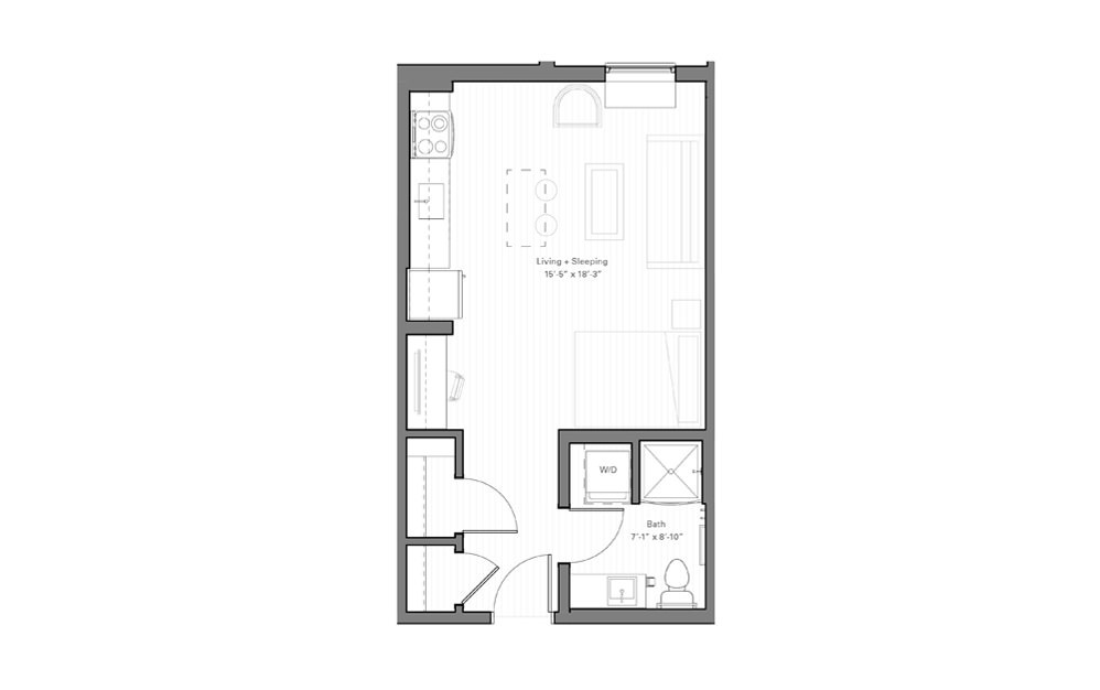Mears C - Studio floorplan layout with 1 bath and 431 square feet.