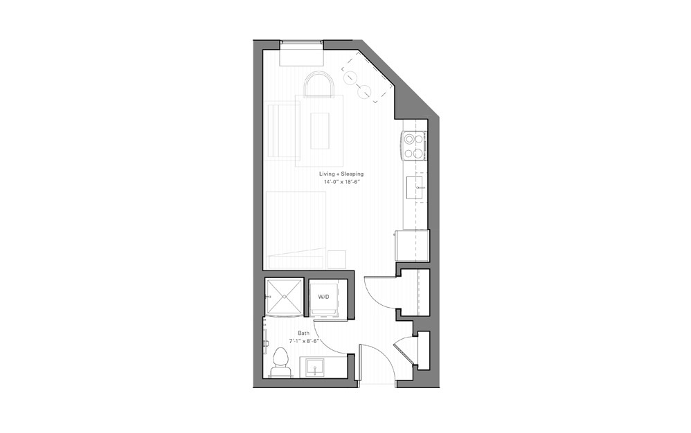 Mears E - Studio floorplan layout with 1 bath and 367 square feet.