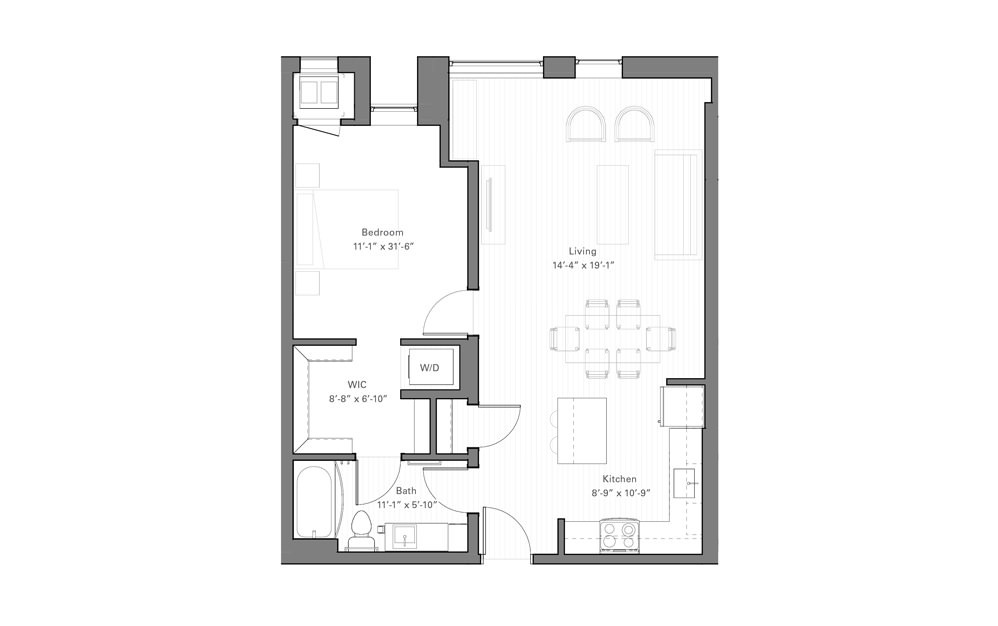 Rice B - alt - 1 bedroom floorplan layout with 1 bath and 782 square feet.