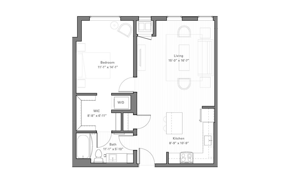 Rice E - 1 bedroom floorplan layout with 1 bath and 815 square feet.