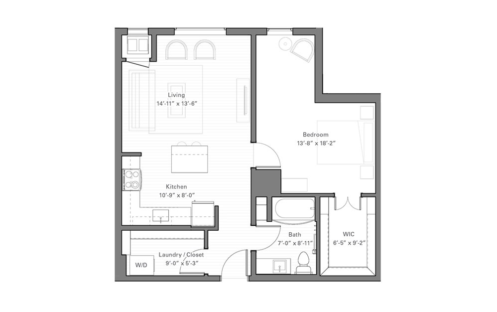 Rice F - 1 bedroom floorplan layout with 1 bath and 751 square feet.