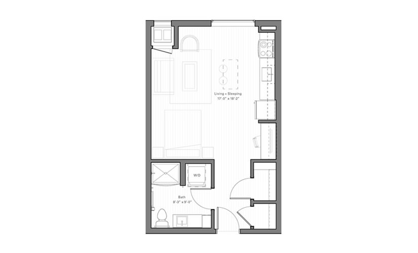 Como B - Studio floor plan layout with 1 bathroom and 473 square feet