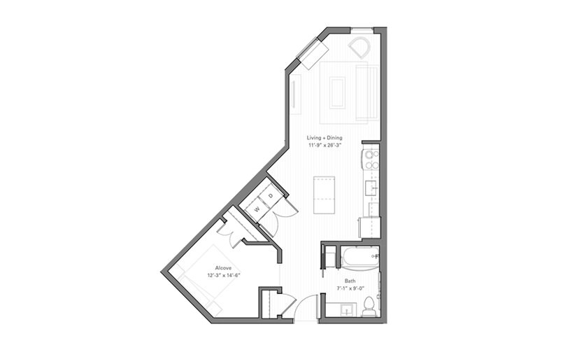 Irvine A - Studio floor plan layout with 1 bathroom and 604 square feet