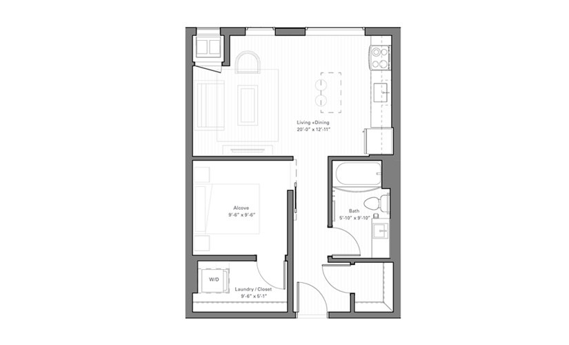 Irvine B - Studio floor plan layout with 1 bathroom and 554 square feet