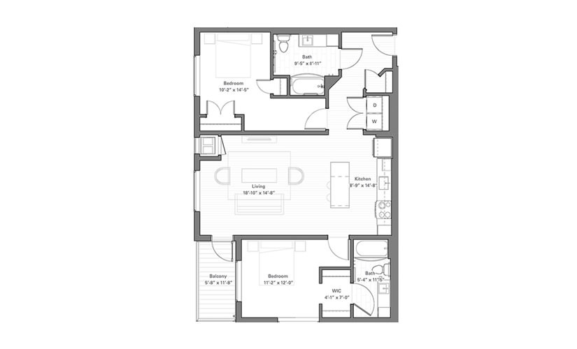 Lilidale A - 2 bedroom floor plan layout with 2 bathrooms and 1076 square feet