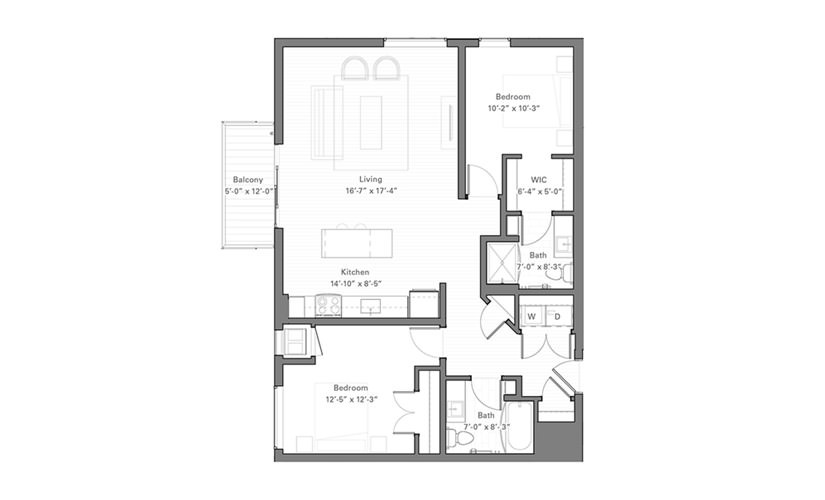 Lilidale B - 2 bedroom floor plan layout with 2 bathrooms and 1065 square feet