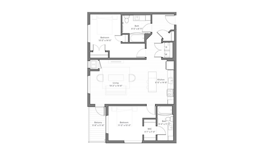 Lilidale E - 2 bedroom floor plan layout with 2 bathrooms and 1077 square feet