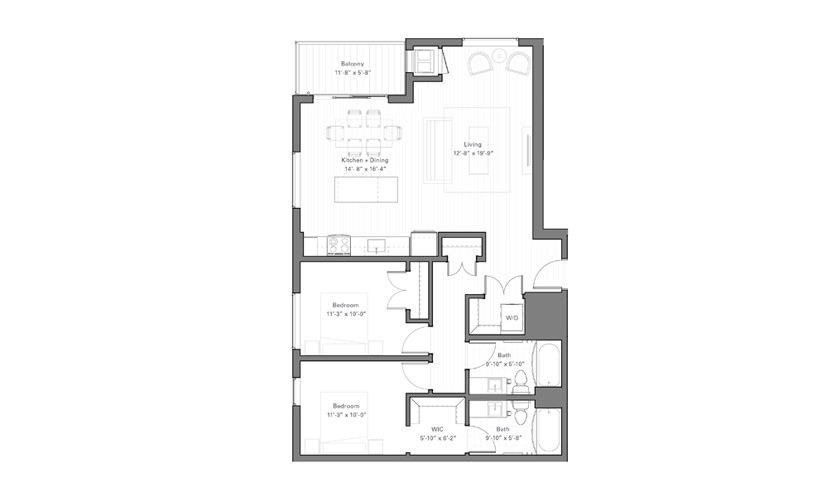 Lilidale F - 2 bedroom floor plan layout with 2 bathrooms and 1052 square feet