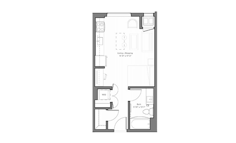 Mears D - Studio floor plan layout with 1 bathroom and 401 square feet