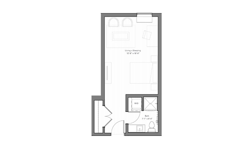 Mears F - Studio floor plan layout with 1 bathroom and 371 square feet