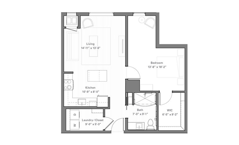 Rice A - 1 bedroom floor plan layout with 1 bathroom and 750 square feet