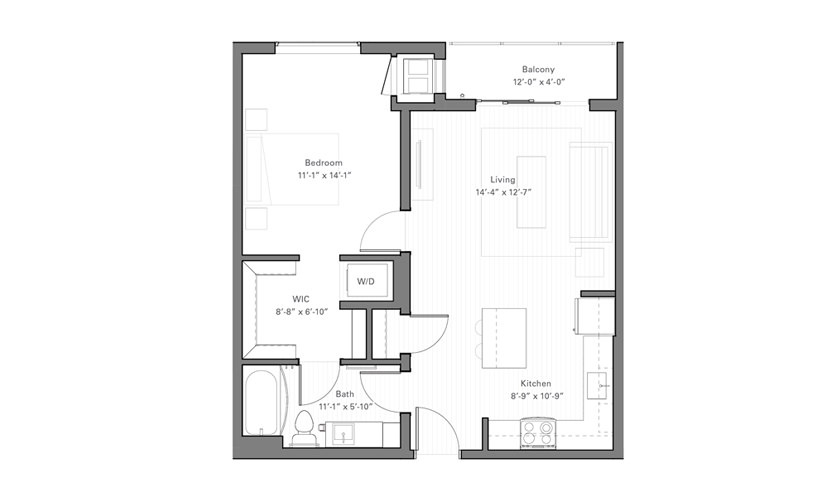 Rice B lvl 2 - 1 bedroom floor plan layout with 1 bathroom and 672 square feet