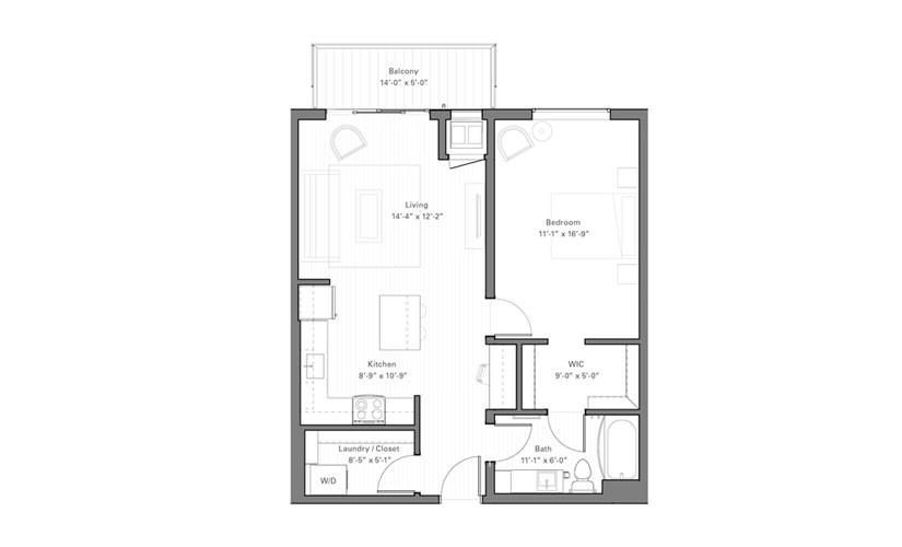 Rice C - 1 bedroom floor plan layout with 1 bathroom and 749 square feet