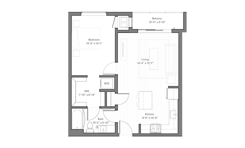 Rice D - 1 bedroom floor plan layout with 1 bathroom and 648 square feet