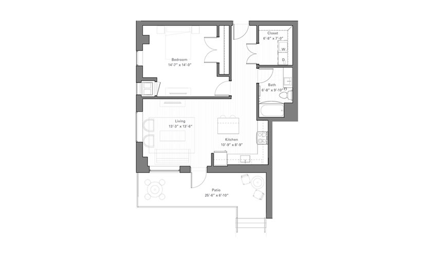Rice Dw - Walkup - 1 bedroom floor plan layout with 1 bathroom and 801 square feet
