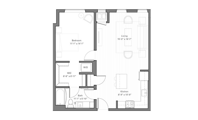 Rice E - 1 bedroom floor plan layout with 1 bathroom and 815 square feet