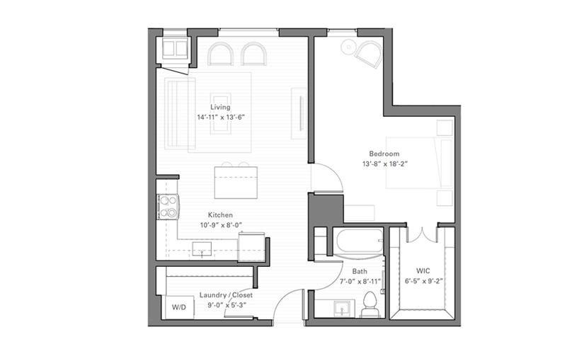 Rice F - 1 bedroom floor plan layout with 1 bathroom and 751 square feet