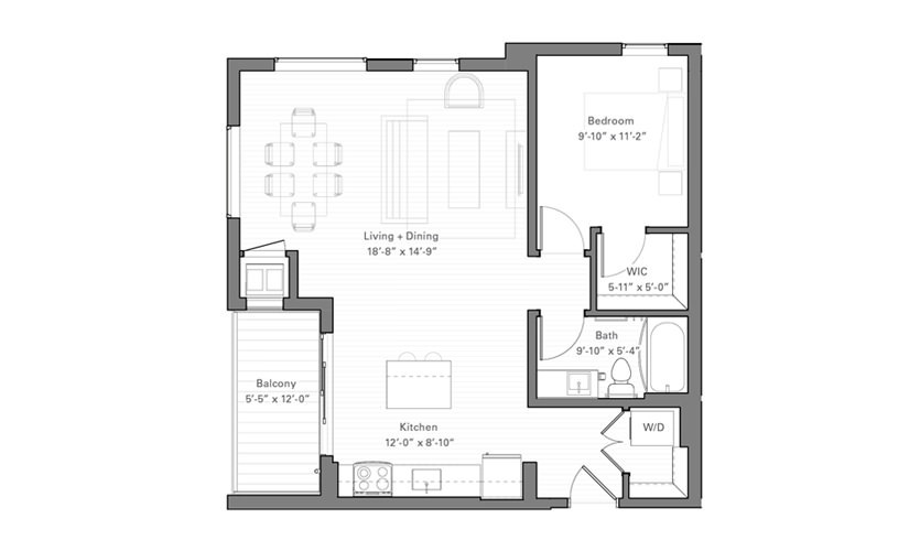 Rice H - 1 bedroom floor plan layout with 1 bathroom and 740 square feet
