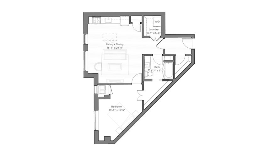 Rice J - 1 bedroom floor plan layout with 1 bathroom and 781 square feet